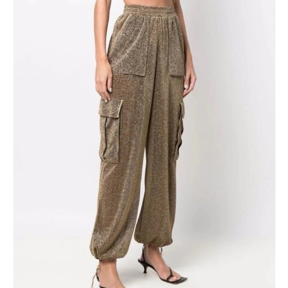 OSEREE Lumiere Sand Gold Metallic Knit Cargo Pocket Jogger Pants